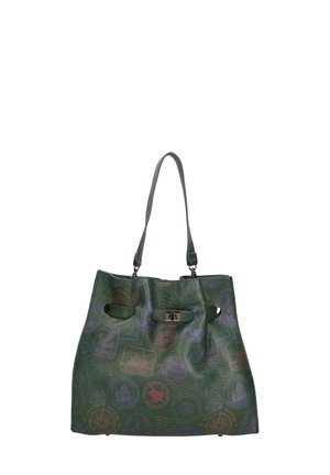 Groene draagtas gemaakt van textuurmateriaal, met decoratieve reliëfpatronen, dubbele handvatten en een metalen sluiting.