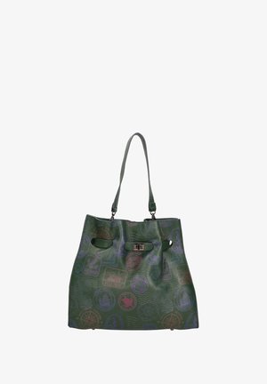 Borsa a tracolla verde realizzata in materiale testurizzato, con motivi decorativi in rilievo, doppi manici e chiusura a fermaglio metallico.
