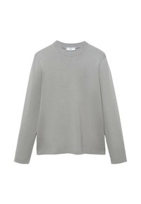 Graues Langarmshirt mit Rundhalsausschnitt, aus weichem Stoff gefertigt, mit lockerer Passform und minimalistischem Design ohne Muster oder Akzente.