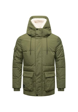 Chaqueta de plumas verde oliva con capucha, que presenta un suave forro color crema, dos bolsillos frontales y puños elásticos. Diseño texturizado y acolchado.