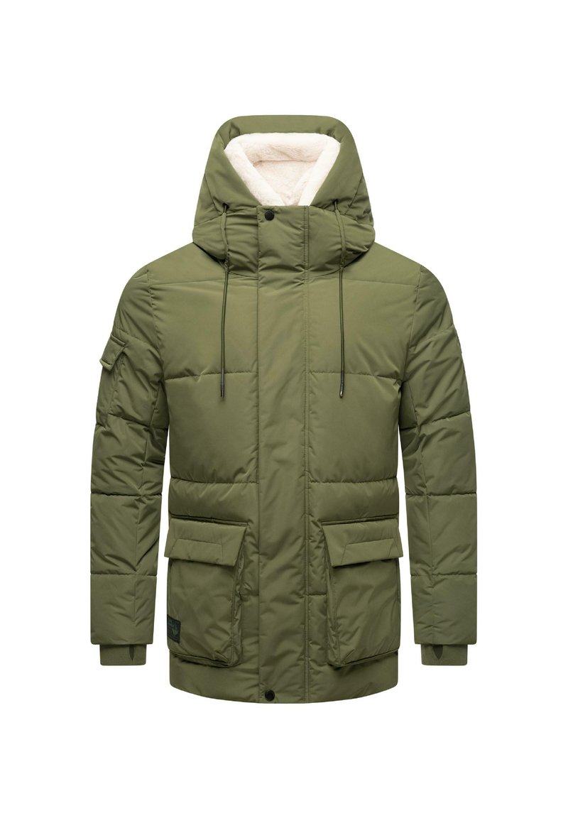 Giubbotto imbottito verde oliva con cappuccio, dotato di una morbida fodera color crema, due tasche frontali e polsini elasticizzati. Design trapuntato e testurizzato.