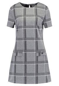 Grijs geruit jurk met korte mouwen, voorzien van horizontale en verticale lijnen, twee voorzakken met zwarte knopen en een ritssluiting aan de achterkant.