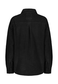 Zwart corduroy overhemd met een kraag, lange mouwen en een plooi detail aan de achterkant. Heeft knoopmanchetten en een textuur oppervlak.