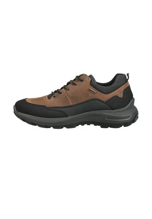 Brauner und schwarzer flacher Wanderschuh mit Schnürung vorne, gepolstertem Kragen, dicker profillierter Sohle und Zuglasche an der Ferse.