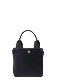 Borsa a tracolla in pelle nera con doppi manici superiori, design quadrato, logo inciso in modo discreto e texture liscia. Presenta una tracolla regolabile.