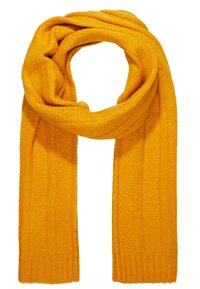 Écharpe jaune tricotée avec une texture douce, présentant des motifs côtelés verticaux et une forme allongée, adaptée pour être enroulée autour du cou.