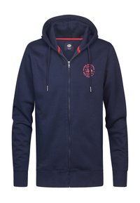 Felpa con zip di colore blu navy con dettagli rossi, tasche a marsupio e un logo circolare sul petto. Realizzata in un tessuto morbido e testurizzato.