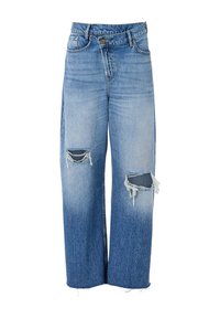 Ljusblå denimjeans med bred passform, som har två slitna knälappar, fransade kanter och en knappstängning i midjan.