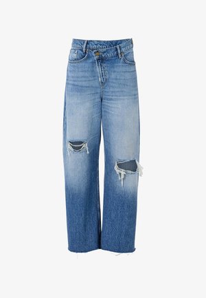 Helle blaue Denim-Jeans mit einem weit geschnittenen Bein, ausgestattet mit zwei aufgerissenen Knie-Patches, fransigen Säumen und einem Knopfverschluss an der Taille.