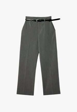 Graue, gewebte Hosen mit geradem Bein, ausgestattet mit einem passenden Gürtel und einem dezenten vertikalen Streifenmuster.