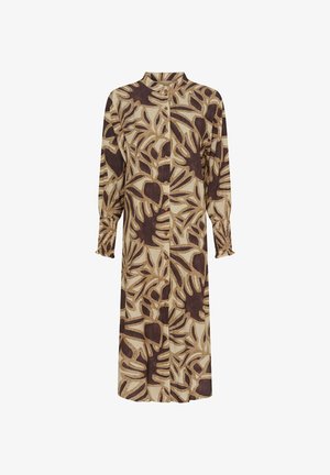Langærmet kjole i tan med et mørkebrunt bladmønster, der har krave, knapfront og samlede manchetter for tekstur og detaljer.
