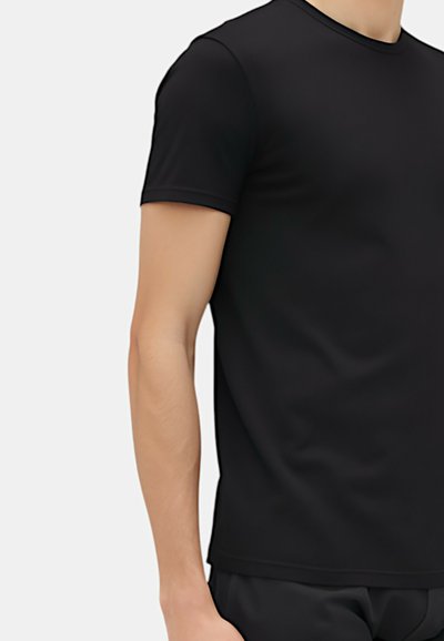 T-shirt nero a maniche corte realizzato in un tessuto liscio e elasticizzato. Presenta un colletto a girocollo e un design aderente, adatto per un abbigliamento casual.