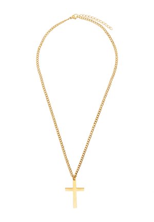 Gouden ketting met een platte, rechthoekige kruispendant. Het kettingontwerp bestaat uit onderling verbonden ovale schakel. Verstelbare lengte.