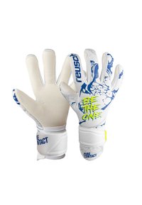 Guanti da portiere bianchi e blu. Le caratteristiche includono palmi texturizzati, polsini di supporto e grafiche audaci con la scritta "ESSERE L'UNICO."