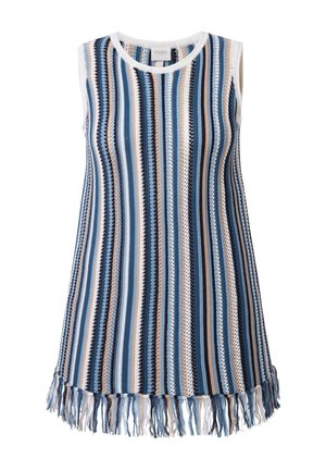 Sukienka dzianinowa bez rękawów z pionowymi paskami w kolorach niebieskim, białym i beżowym, z okrągłym dekoltem i wykończeniem frędzlami na dole.