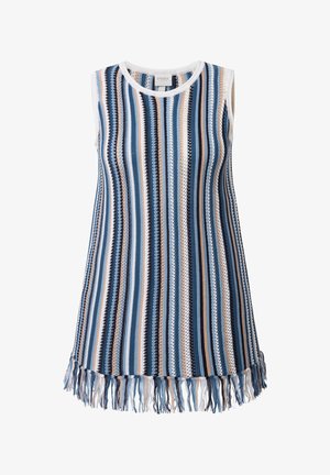 Ärmelloses Strickkleid mit vertikalen Streifen in Blau, Weiß und Beige, mit Rundhalsausschnitt und Fransenbesatz am Saum.