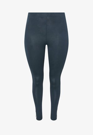 Dunkelblaue, hoch taillierte Leggings mit figurbetontem Design, glattem Stoff und knöchellangem Schnitt.