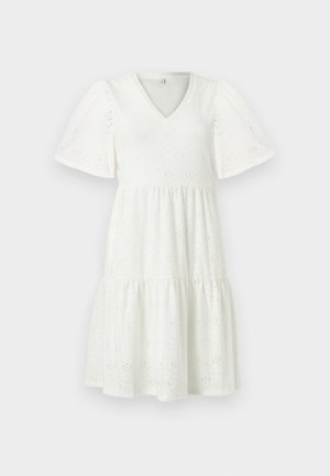 Λευκό φόρεμα με V-λαιμόκοψη, κοντά φουσκωτά μανίκια και λοξή φούστα, με ύφασμα δαντέλας με οπές και λουλουδένια διακοσμητικά μοτίβα.
