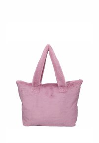 Vaaleanpunainen pehmeä plush-kassi, jossa on kaksi pehmustettua kahvaa ja suorakulmainen muoto valkoista taustaa vasten.