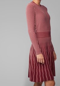 Robe ajustée à manches courtes de couleur bordeaux avec un motif tricoté texturé, présentant une bande horizontale contrastante à la taille et une jupe évasée.