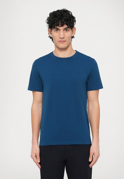 Navy blue cotton t-shirt with a round neckline and short sleeves, featuring a smooth texture and a regular fit.