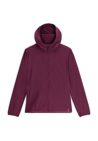 Veste à capuche bordeaux en tissu lisse, dotée d'une fermeture éclair sur le devant, de poches latérales et d'un doublure intérieure texturée.