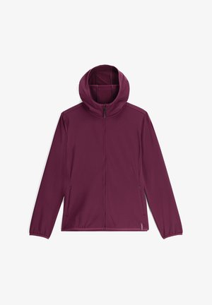 Giacca con cappuccio color bordeaux realizzata in tessuto morbido, con zip frontale completa, tasche laterali e fodera interna testurizzata.