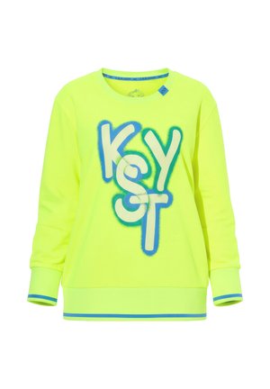 Jasně žlutá mikina s dlouhým rukávem s modrým a bílým stylizovaným textem "KEY ST" na přední straně, modrý lem na manžetách a lemu.