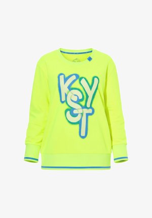 Hellgelber Langarm-Sweatshirt mit blauem und weißem stilisiertem Schriftzug "KEY ST" auf der Vorderseite, blaue Abschlüsse an Bündchen und Saum.