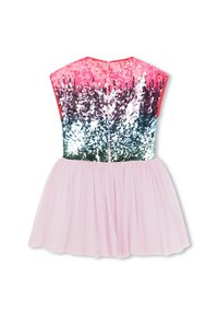 Girls' dress with a pink sequin top fading to blue, featuring a fitted bodice and a soft pink tulle skirt; back zip closure.