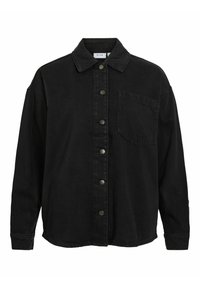 Must värvi denimpooljakker, millel on nööbiga esikülg, üks rinnaäärepocket ja pikad varrukad, millel on kergelt kaarduv serv.