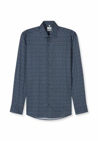 Marineblaue Hemdjacke mit geometrischem weißem und hellblauem Muster, langen Ärmeln und einem Standardkragen. Baumwollmischgewebe, glatte Textur.