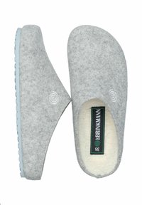 Gray felt slippers with a white spiral logo, soft lining, and a rubber sole. Rounded shape with a slip-on design.