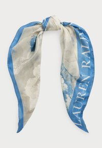 Silkkihuivi, jossa on sininen reuna, abstrakteja vaaleanharmaita ja sinisiä kuvioita sekä teksti "LAUREN RALPH" valkoisella yhdellä reunalla.