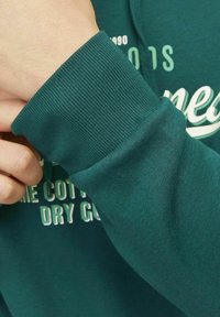 Grøn sweater med ribbede manchetter og en blød tekstur. Hvid logo tekst er synlig på brystet. Nære billeder af ærmet og hånden.