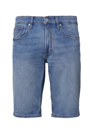 Jasnoniebieskie szorty dżinsowe w prostym kroju, z pięcioma kieszeniami i widocznymi detalami ściegów. Brzeg jest surowy i lekko postrzępiony.