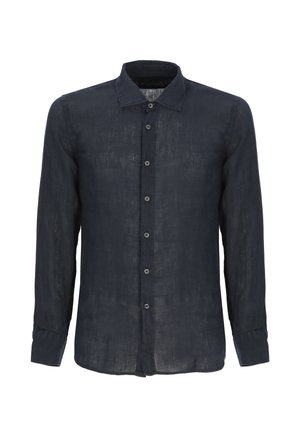 Camicia da uomo in lino nero a maniche lunghe con bottoni, collo appuntito e polsini abbottonati, mostrata su sfondo bianco.