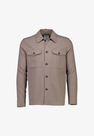 Veste boutonnée marron clair en tissu texturé, dotée de deux poches poitrine, d'un col pointu et de manches longues avec des poignets boutonnés.