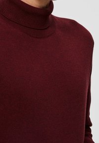 Burgunderroter Rollkragenpullover mit einem gerippten Kragen, hergestellt aus weichem, strukturiertem Stoff, mit einer figurbetonten Silhouette und glattem Finish.