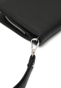 Black textured wallet with a silver zipper and carabiner clip. Features a black strap for carrying. Compact rectangular design.
