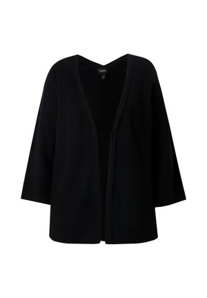 Zwarte cardigan met een V-hals en een open voorkant. Voorzien van losse, brede mouwen en een gestructureerde stofafwerking. Geen sluitingen zichtbaar.