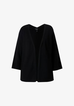 Zwarte cardigan met een V-hals en een open voorkant. Voorzien van losse, brede mouwen en een gestructureerde stofafwerking. Geen sluitingen zichtbaar.