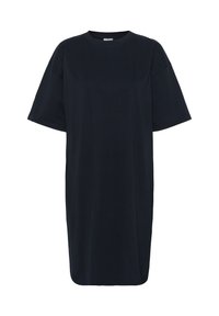 Navy blue oversized t-shirt dress made from soft cotton, featuring short sleeves and a crew neck, with a straight cut and no visible patterns.