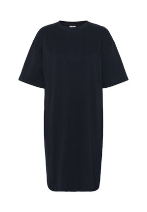 Vestido camiseta de algodón suave en un tono azul marino, de corte oversized, con mangas cortas y cuello redondo, de corte recto y sin patrones visibles.