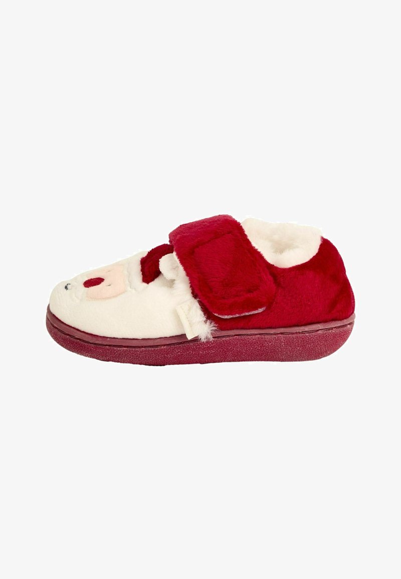 Raudoni ir baltos vaikiškos šlepetės su švelniu pūkuotu paviršiumi, turinčios lipnią dirželį ir šypsenėlės dizainą ant piršto.