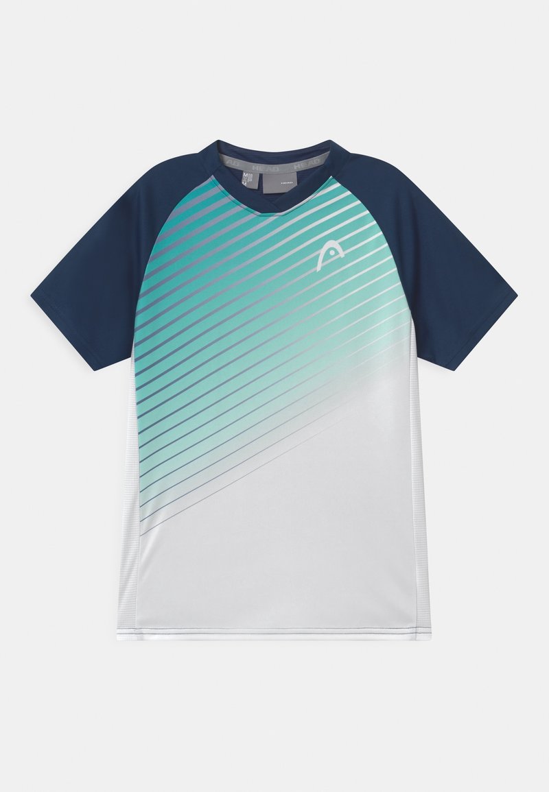 Short-sleeve athletic shirt featuring a gradient design from teal to white, with navy blue sleeves and subtle diagonal stripes.