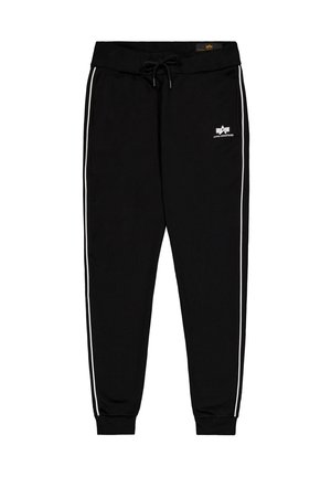 Pantaloni sportivi neri realizzati in tessuto morbido con strisce laterali bianche e vita regolabile con cordino. Presentano un piccolo logo sulla parte anteriore.