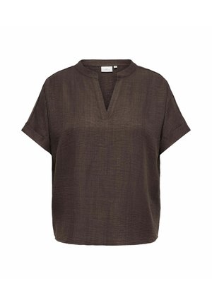 Dunkelbraune Bluse mit Struktur, kurzen Ärmeln, einem Mandarinkragen und einem V-förmigen Ausschnitt, leicht hochgekrempelten Bündchen und einer lockeren Passform.