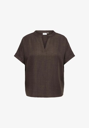 Dunkelbraune Bluse mit Struktur, kurzen Ärmeln, einem Mandarinkragen und einem V-förmigen Ausschnitt, leicht hochgekrempelten Bündchen und einer lockeren Passform.