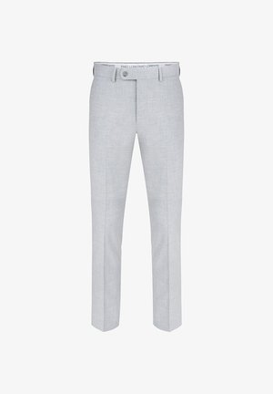 Jasnoszare, męskie, eleganckie spodnie na miarę z zapięciem na guzik i szlufkami na pasek, dopasowany krój, z przodu zagięcie.